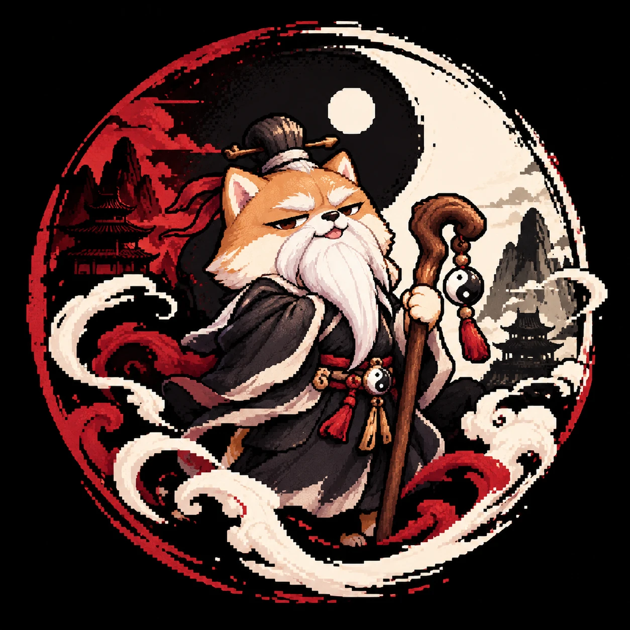 Wang, drawn as a Shiba sage in robes holding a yin-yang staff
