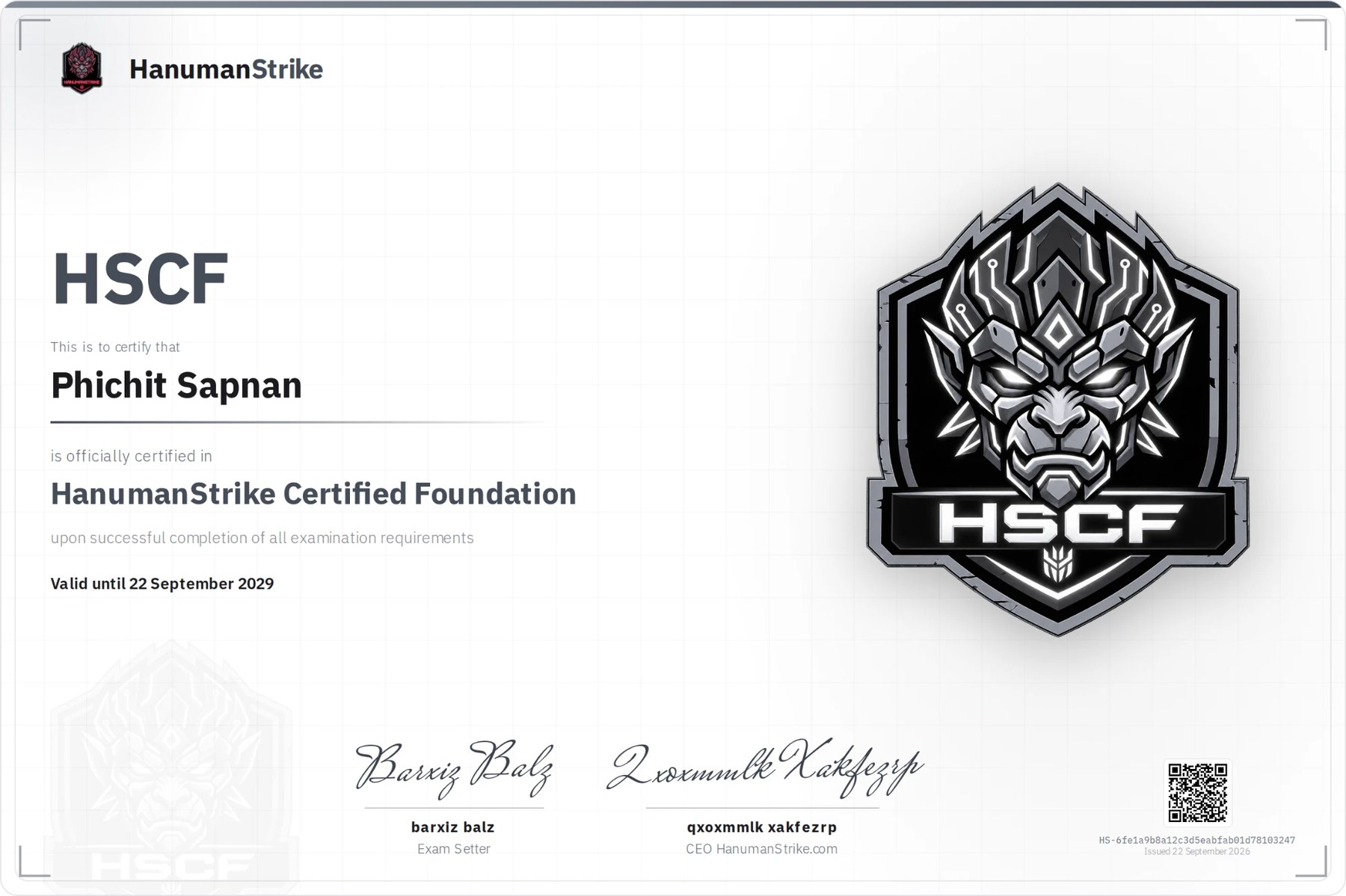 HanumanStrike Certified Foundation certificate preview